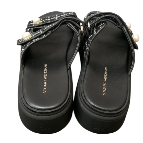 Stuart Weitzman Goldie Sports Slide Black and White Tweed with Pearl Details - Picture 4 of 7